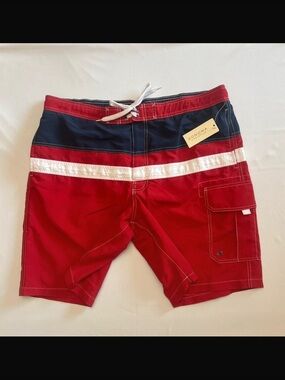 Sonoma Red Navy White Striped Men’s Swim Board Shorts
